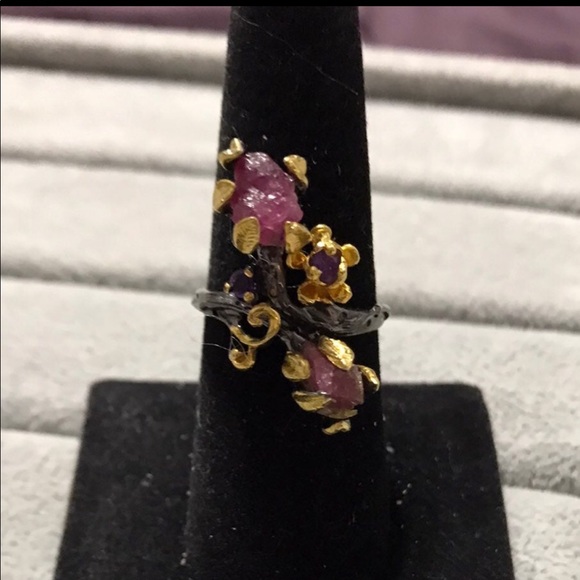 New OOAK Sterling Silver Rhodium Plated Pink Ruby Floral Leaf Ring Size 7.75 - Picture 3 of 14